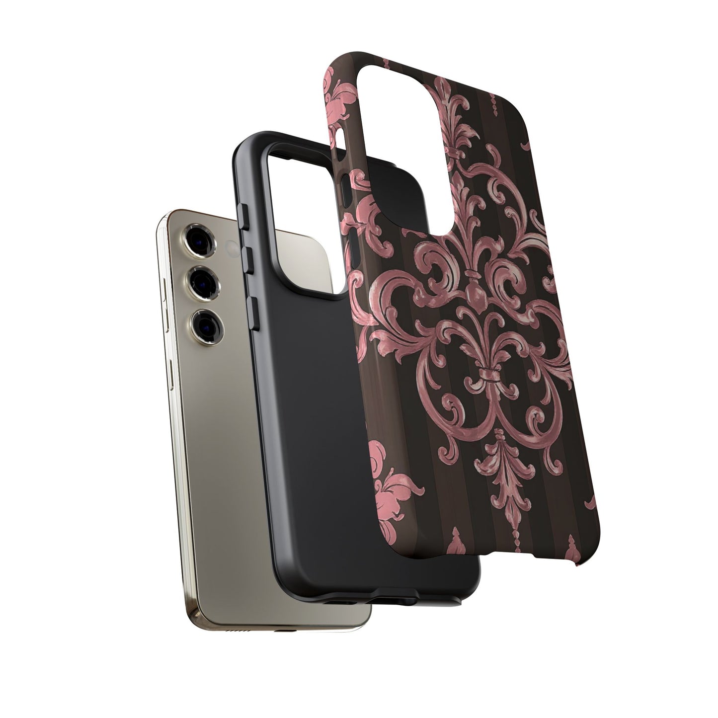 Elegant Floral Motif Phone Case - Tough Cases with Vintage Design - Brown Striped Mauve Damask
