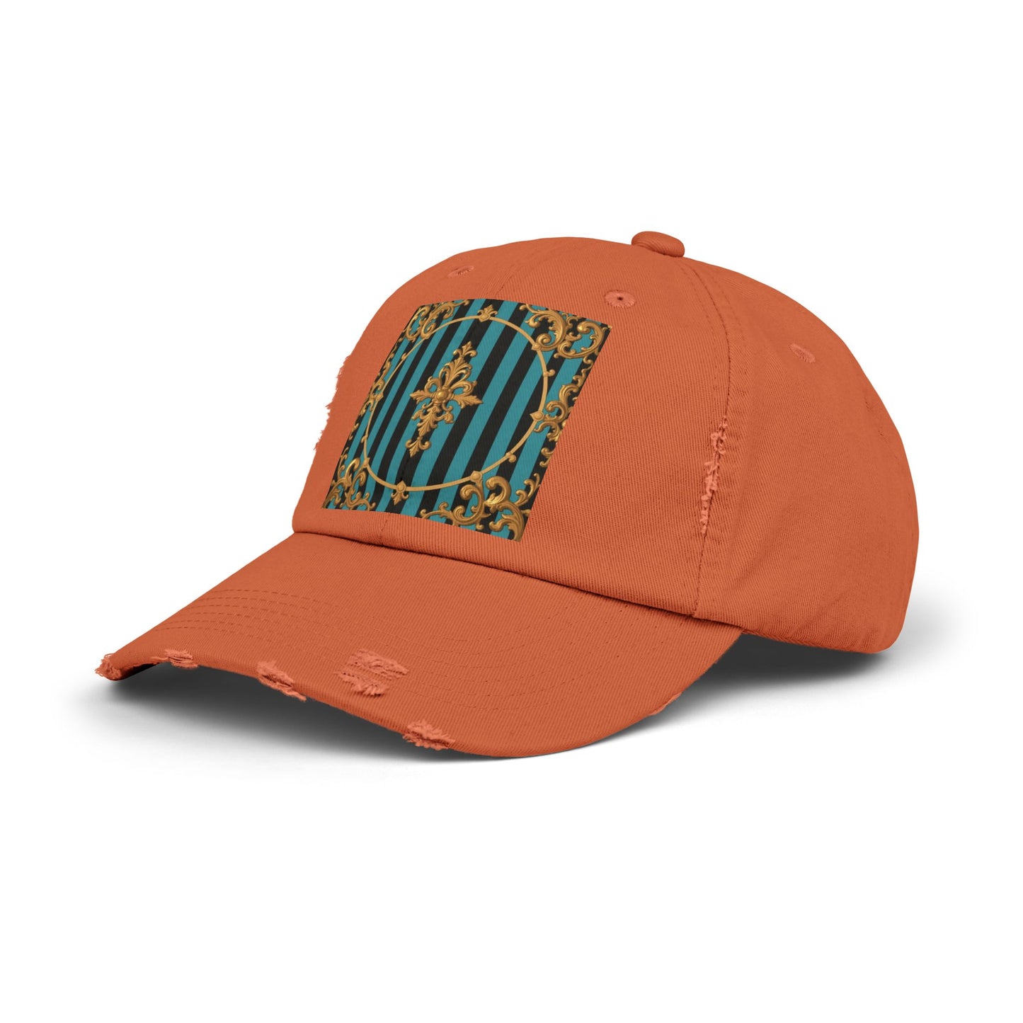 Turquoise & Black Striped Gold Baroque Distressed Cap with Elegant Design, Fashion Accessory for Everyday Wear, Perfect for Festivals, Gifts