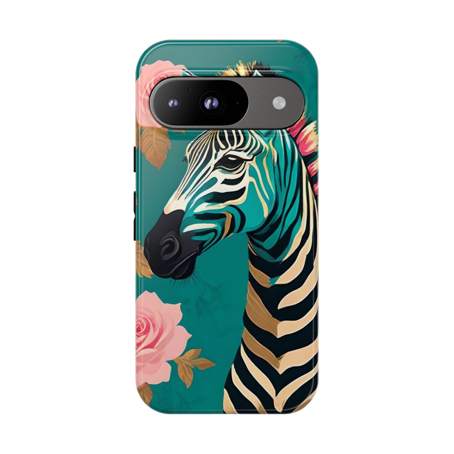 Phone Case - Elegant Teal & Gold Zebra & Roses Design