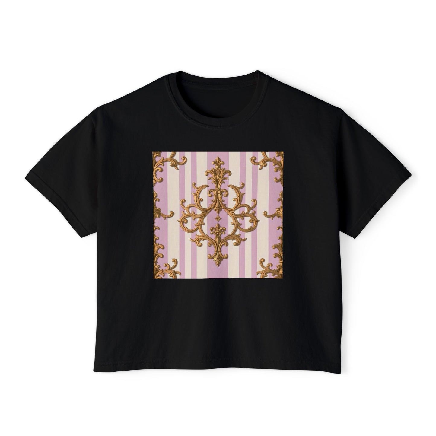 Chic Baroque Women's Boxy Tee, Stylish Cropped T-Shirt, Casual Top, Summer Boxy Tee, Baroque Print Shirt - Lilac & Alabaster Striped Gold Baroque