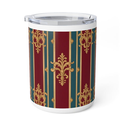 Elegant Insulated Coffee Mug, 10oz - Vintage Design, Perfect for Home or Office, Great Gift for Coffee Lovers - Burgundy Striped Gold Baroque