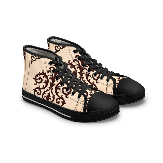 Almond-Beige & Brown Baroque High Top Sneakers — Women's Vintage Baroque Pattern