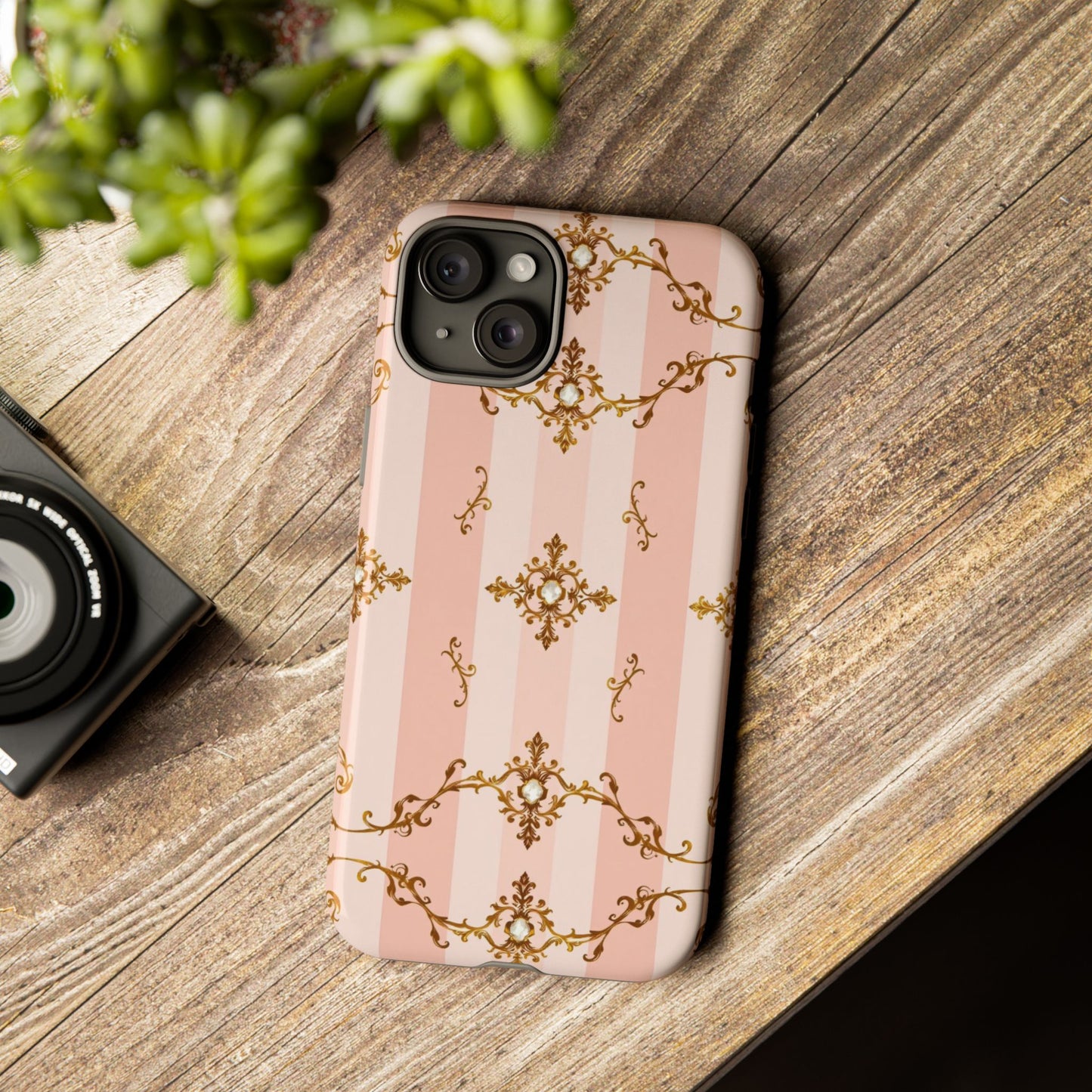 Elegant Floral Phone Case, Tough Cases for Women, Trendy Phone Cover, Chic Gift - Pink Jeweled Striped Gold Baroque