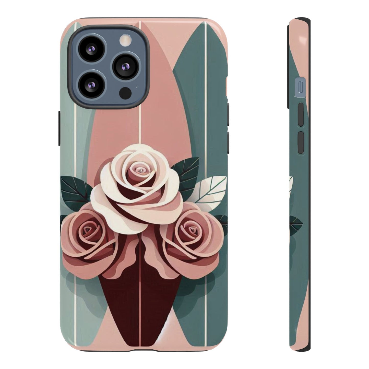 Phone Case - Burgundy, Matte Mauve & Teal Surfboard & Roses Design