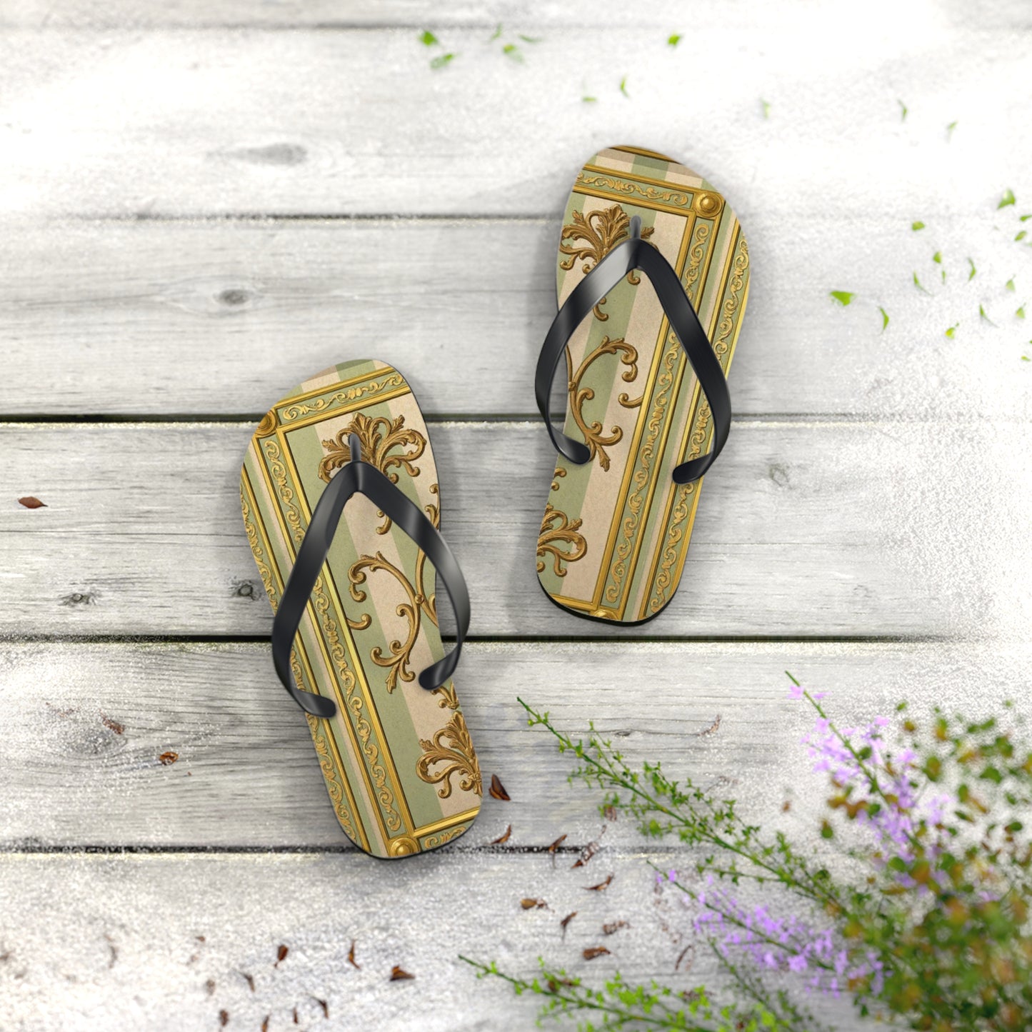 Elegant Floral Flip Flops for Summer, Beach Footwear, Stylish Sandals, Vacation Essentials, Outdoor Slip-On Shoes - Mint & Beige Striped Gold Baroque