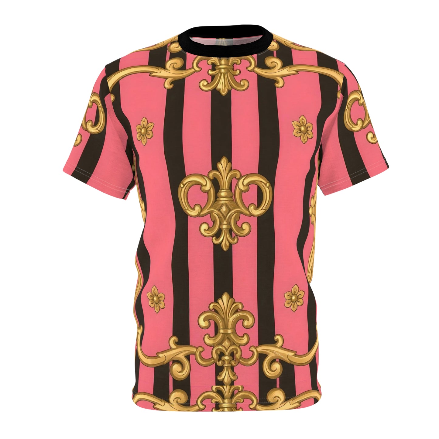 Stylish Unisex Cut & Sew Tee with Bold Pink and Gold Pattern, Trendy Top for Casual Days - Pink & Black Striped Gold Baroque