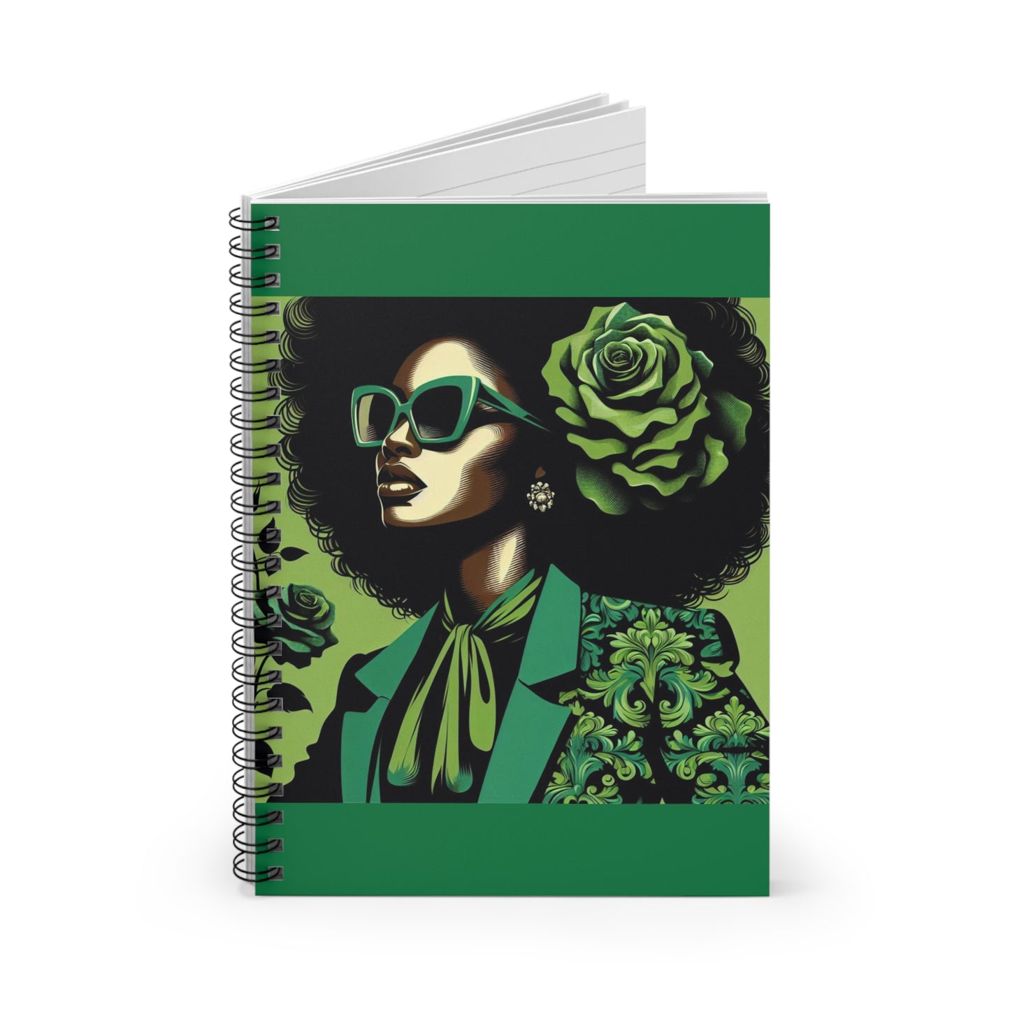 Chic Afro-Influenced Spiral Notebook - Ruled Lines, Gift for Art Lovers, Journal for Thoughts, Stylish Stationery - Lady in Green Damask