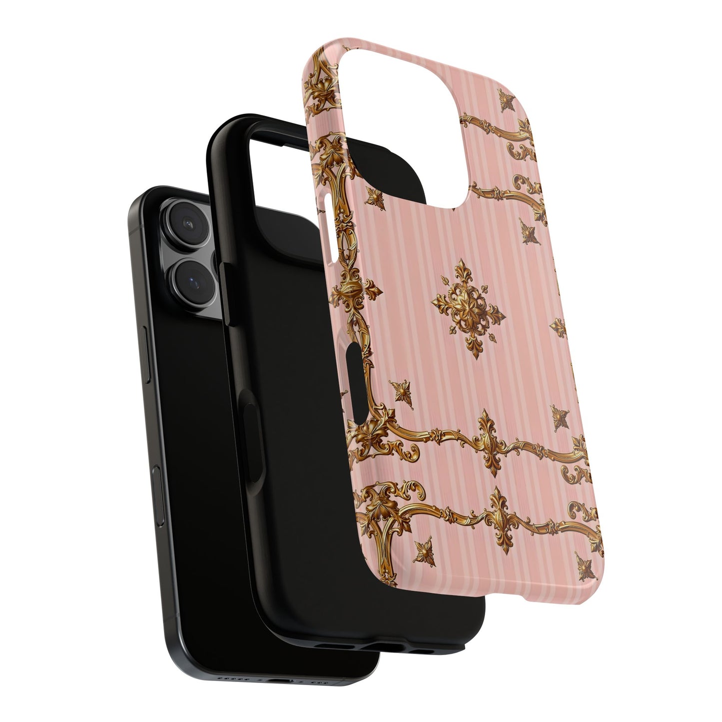 Elegant Floral Phone Case, Tough Cases for Women, Trendy Phone Cover, Chic Gift - Pink Striped Gold Baroque