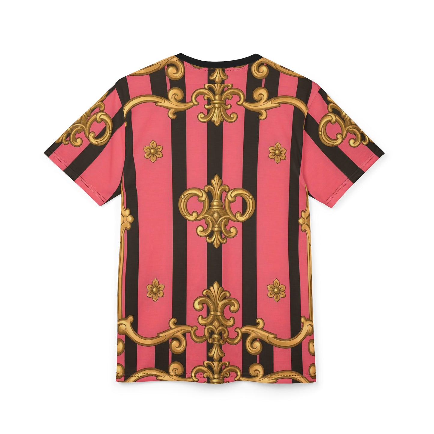 Stylish Unisex Cut & Sew Tee with Bold Pink and Gold Pattern, Trendy Top for Casual Days - Pink & Black Striped Gold Baroque