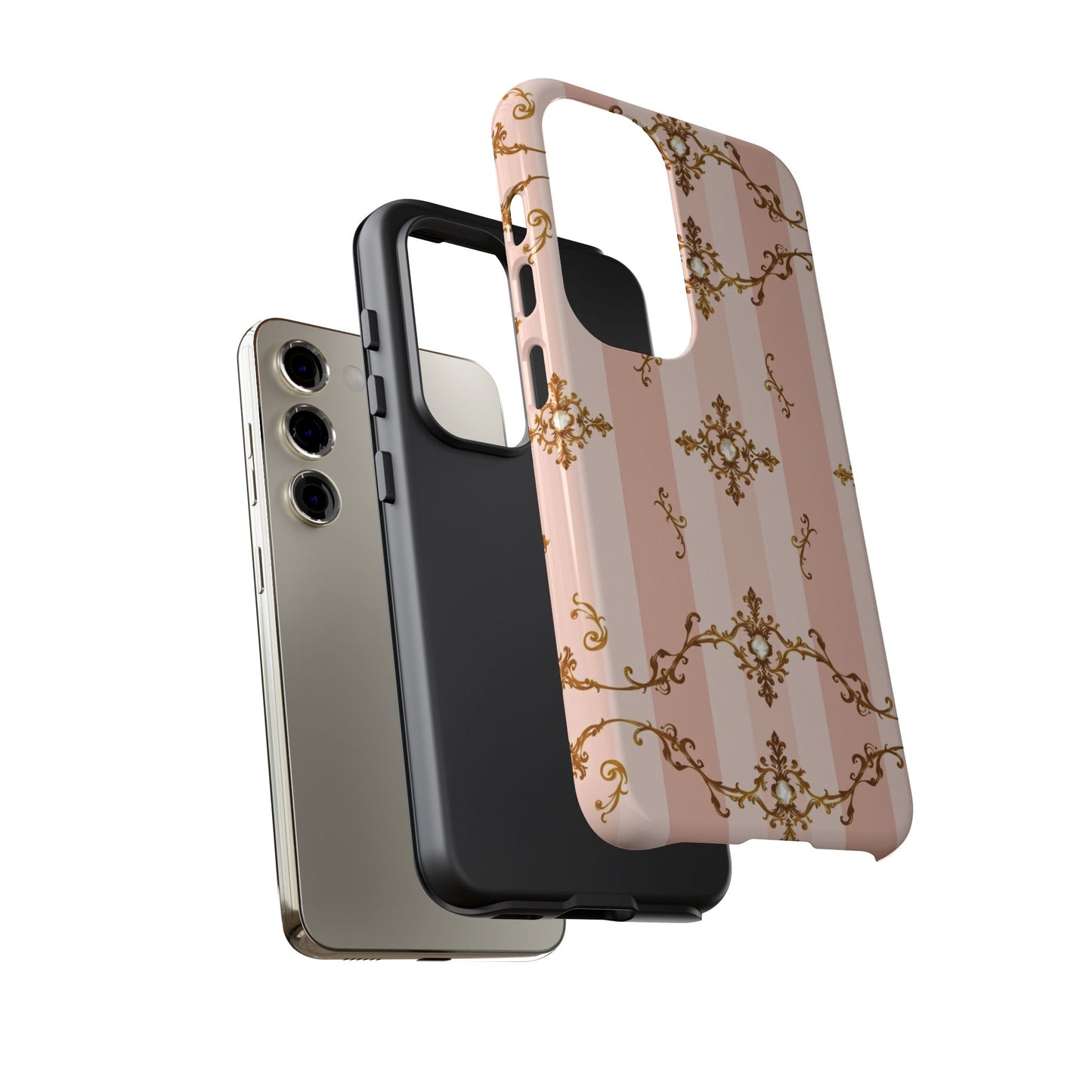 Elegant Floral Phone Case, Tough Cases for Women, Trendy Phone Cover, Chic Gift - Pink Jeweled Striped Gold Baroque