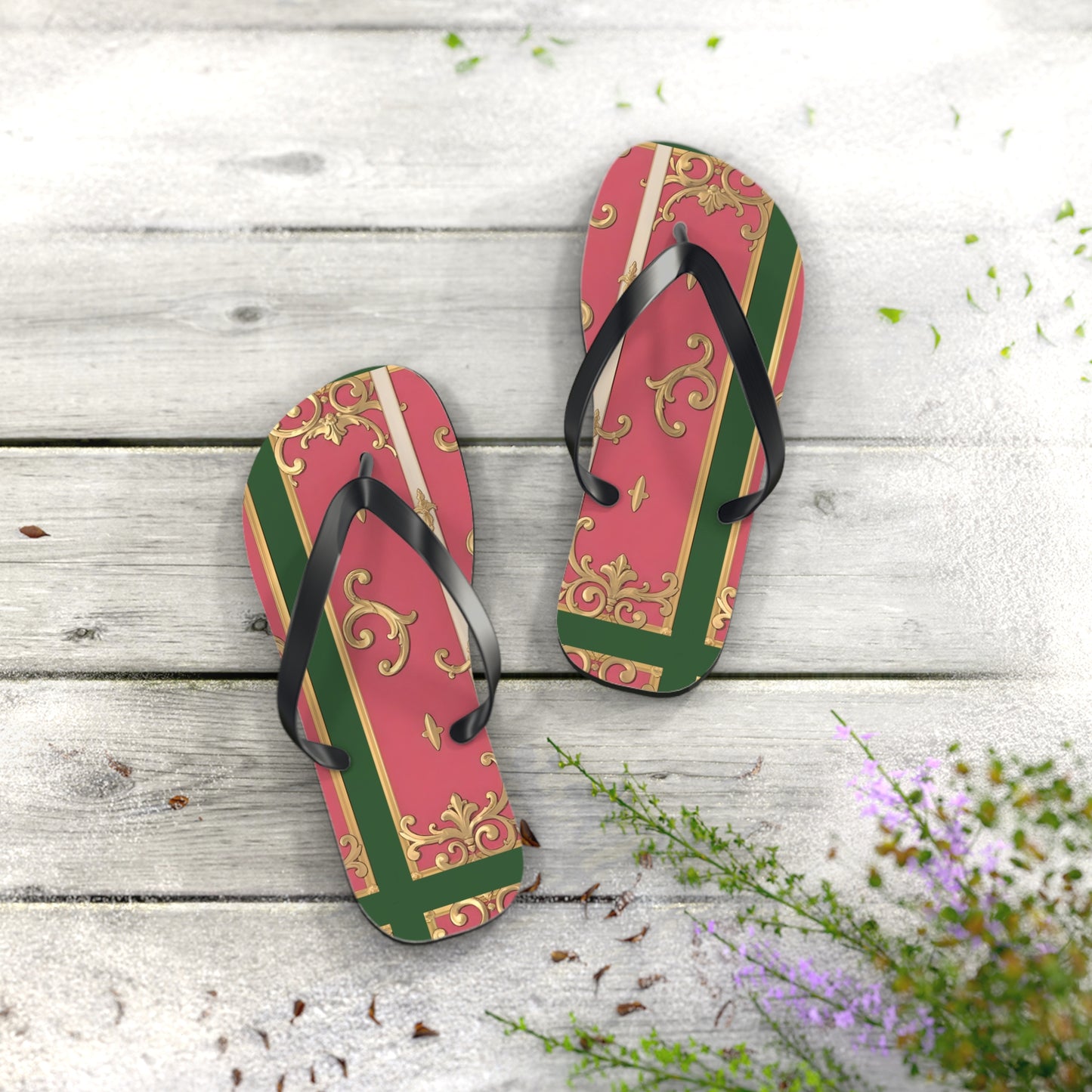 Elegant Green Border Pink Striped Baroque Flip Flops, Summer Footwear, Vacation Sandals, Beach Accessories, Stylish Thong Slippers