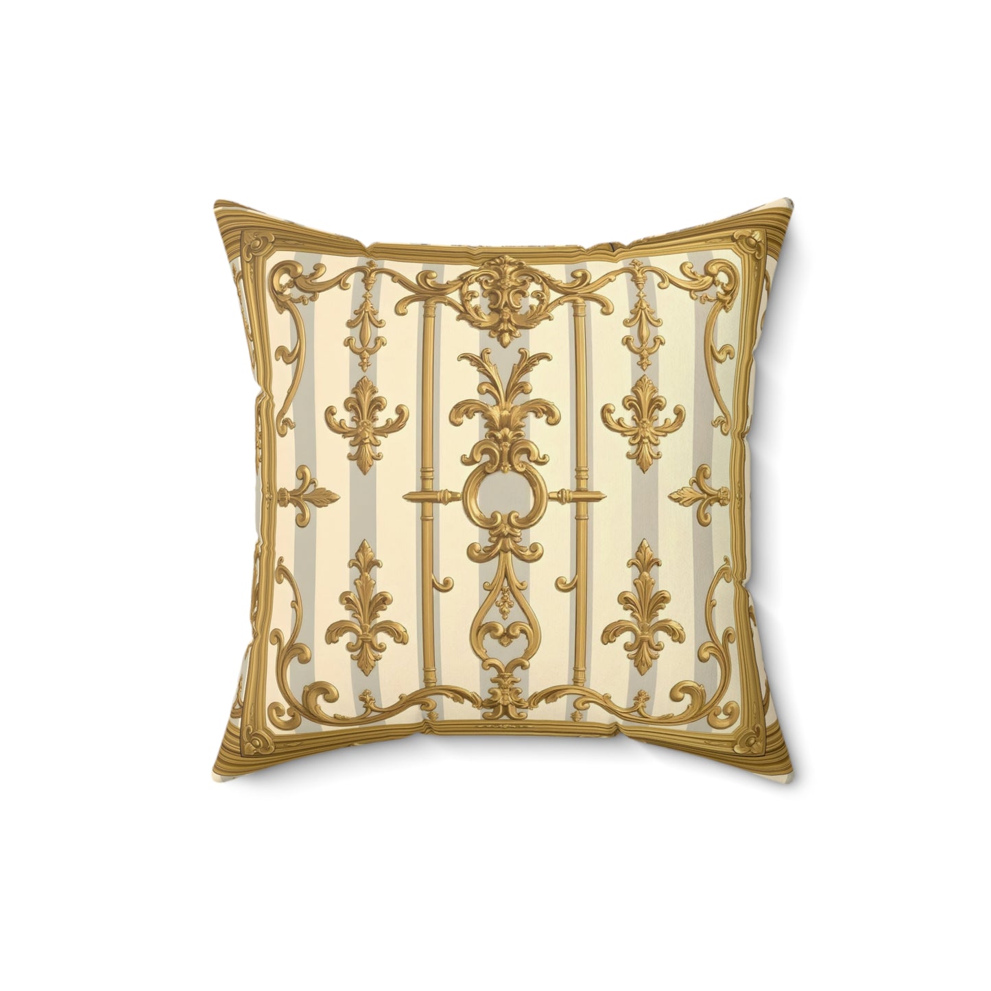 Elegant Decorative Pillow - Matte Gray & Cream Striped Gold Baroque