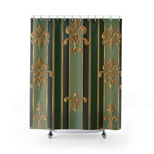 Elegant Baroque Shower Curtain, Vintage Style Bathroom Decor, Luxury Home Accessory, Gift for Homeowners - Green Striped Gold Baroque