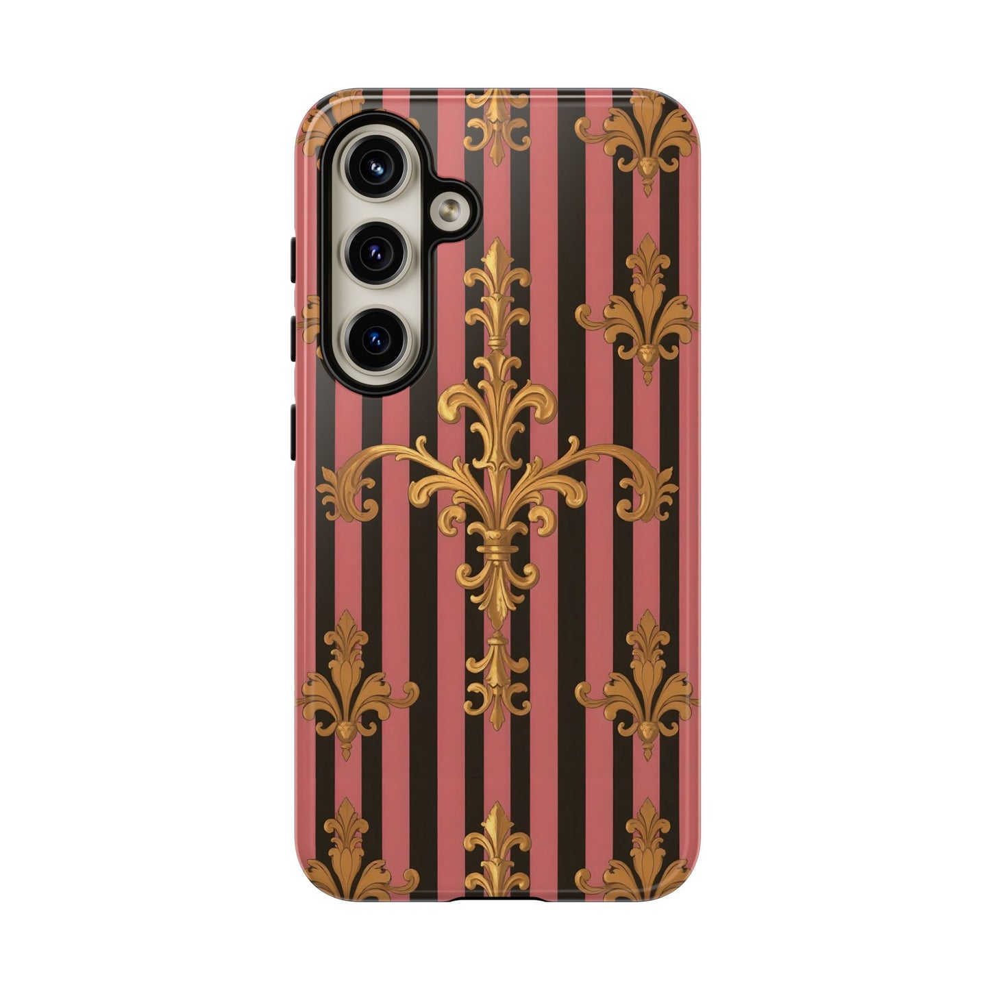 Elegant Floral Motif Phone Case - Tough Cases with Vintage Design - Mauve Striped Gold Damask