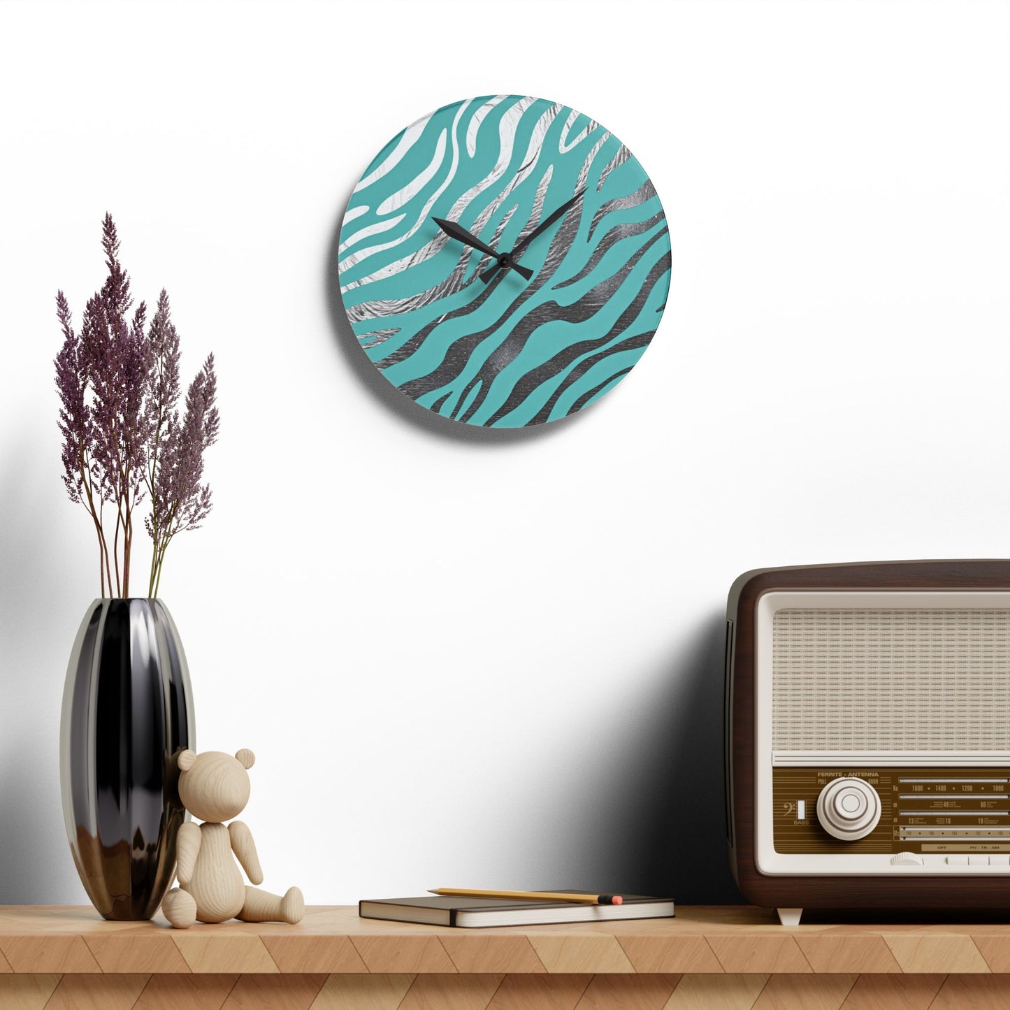 Stylish Zebra Print Acrylic Wall Clock - Modern Home Decor -  Aqua & Silver