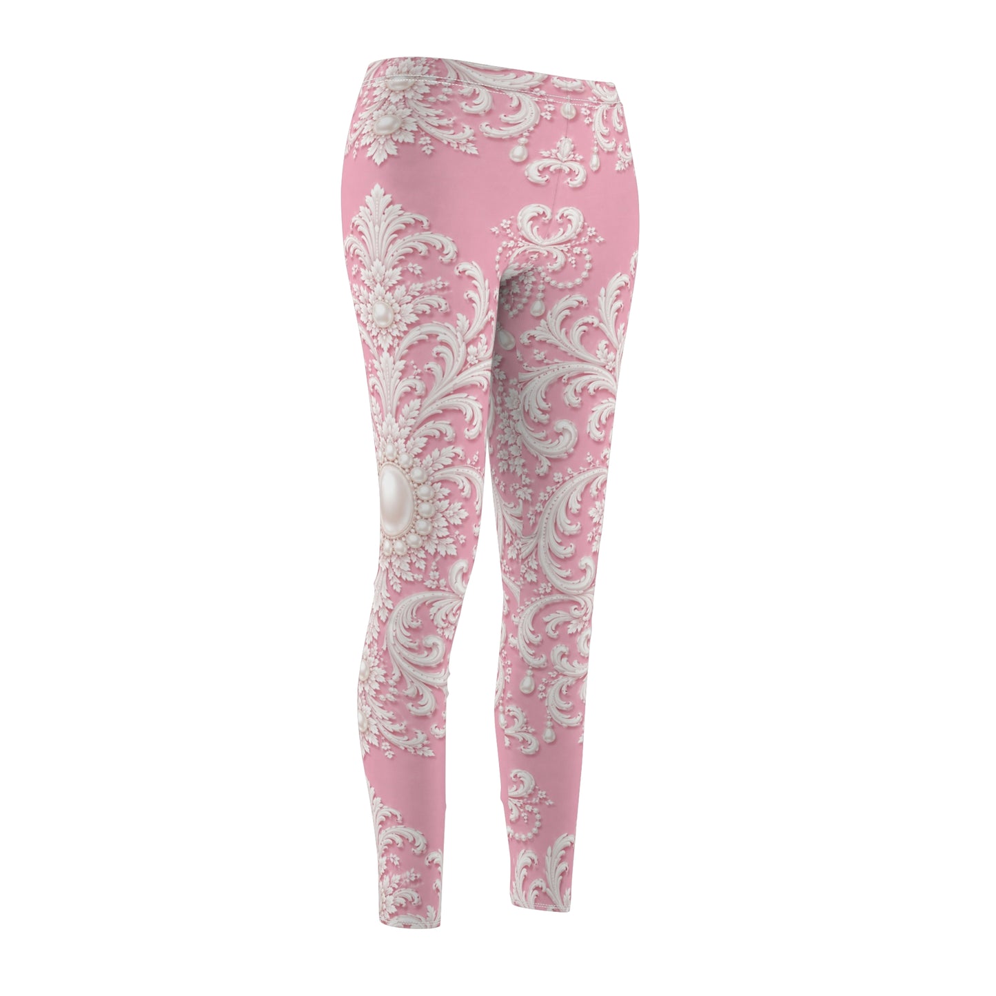 Pink Rococo Print Leggings — Elegant Floral Scroll All-Over Print