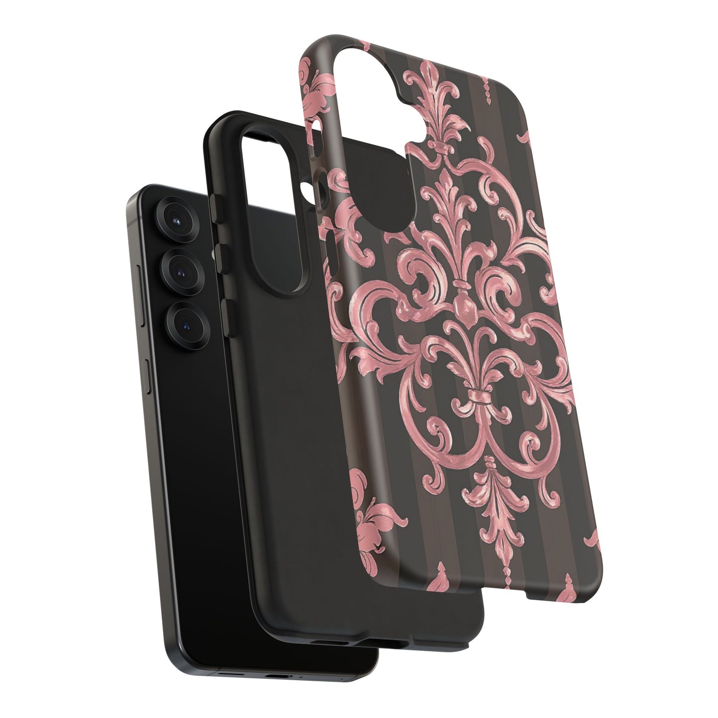 Elegant Floral Motif Phone Case - Tough Cases with Vintage Design - Brown Striped Mauve Damask