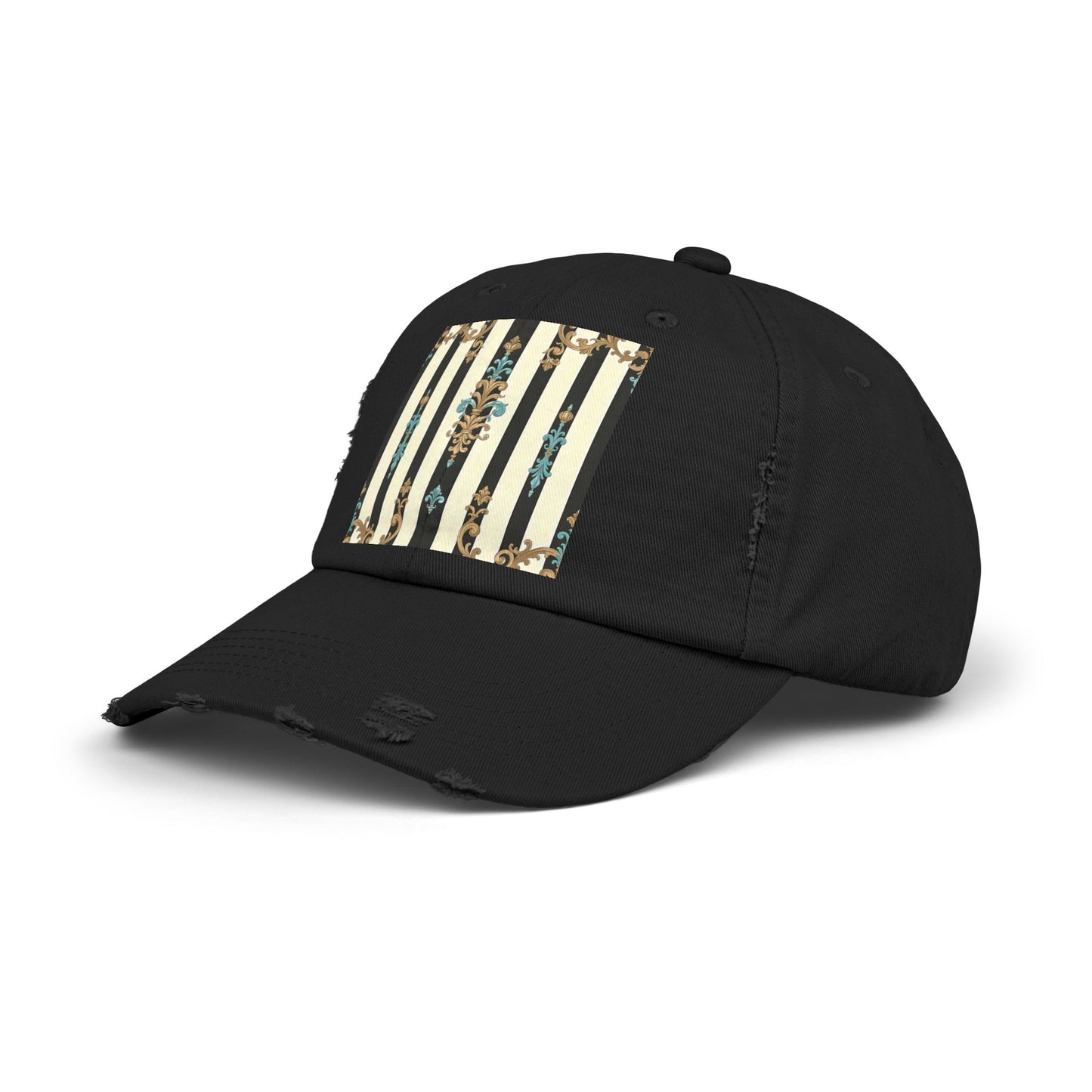 Trendy Distressed Cap for Fashion Lovers, Casual Cap, Gift for Him, Gift for Her - Black Striped Turquoise & Black Rococo
