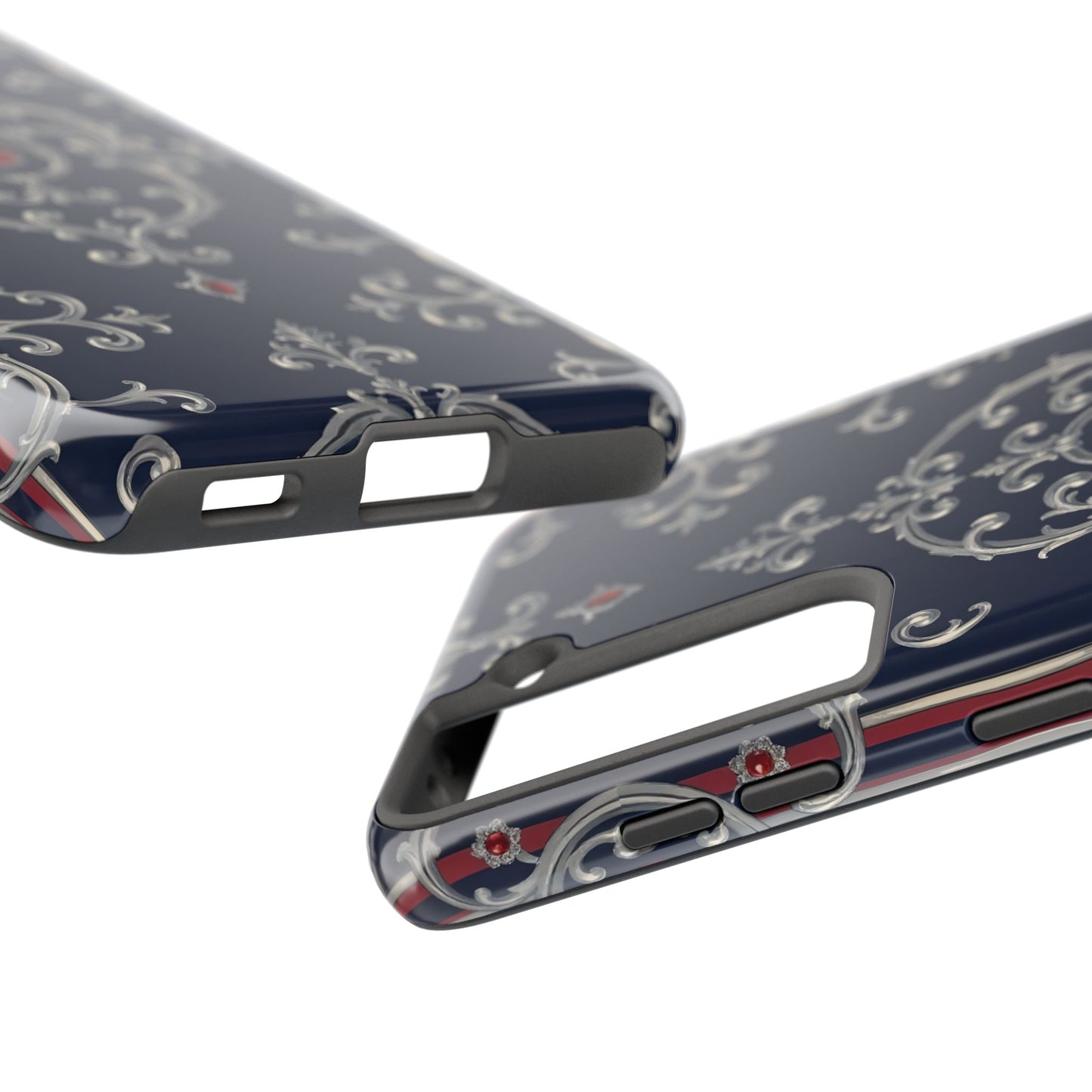 Elegant Patterned Tough Phone Cases for Stylish Protection, Gift for Her, Unique Accessories - Blue & Red Striped Silver Baroque