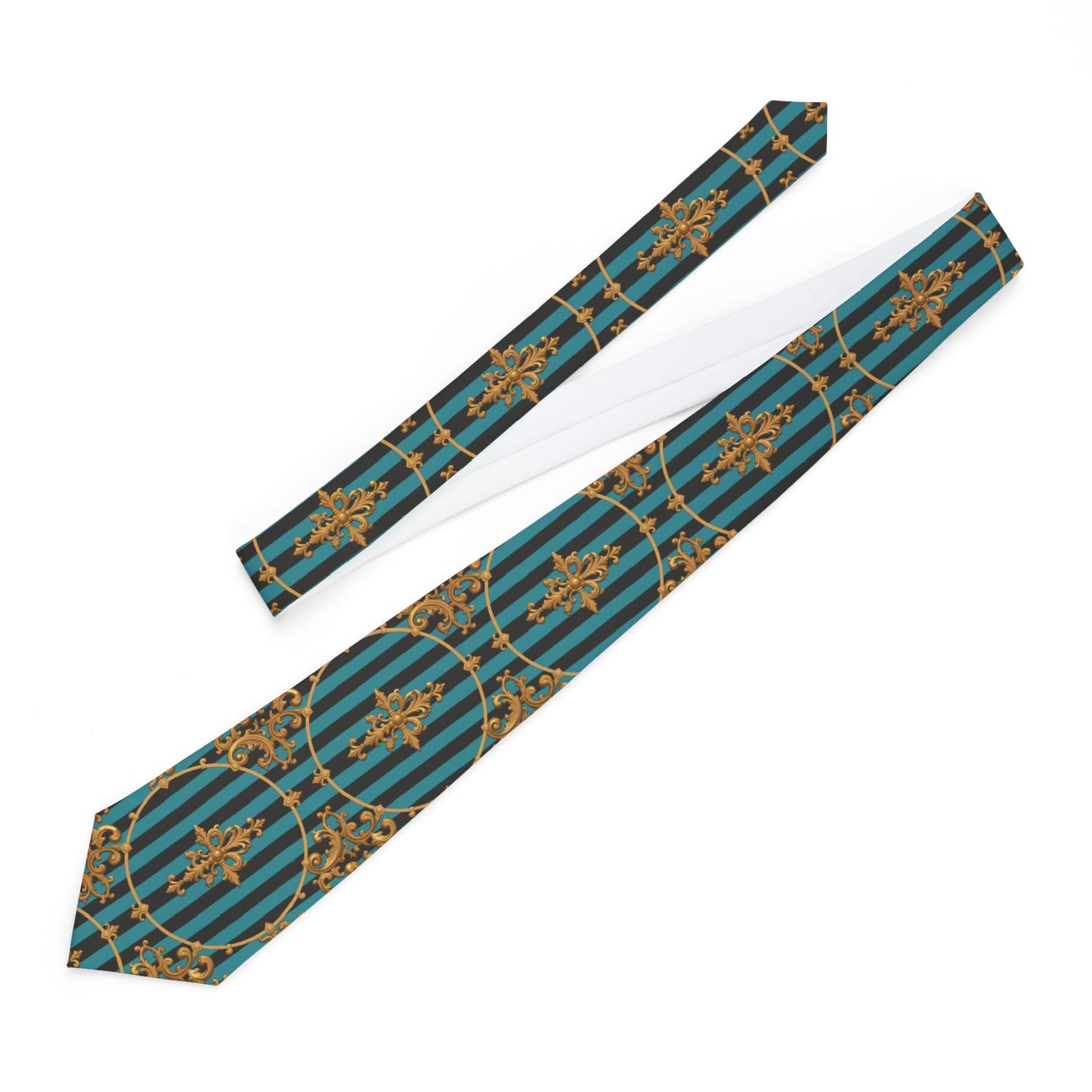 Stylish Turquoise & Black Striped Gold Baroque Necktie with Elegant Pattern, Unique Gift for Men, Formal Wear Accessory, Wedding Tie, Business Attire