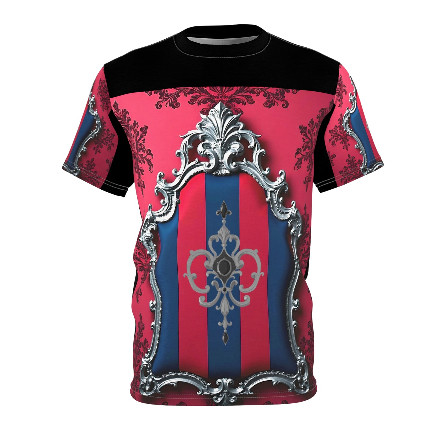 Baroque Elegance Unisex Tee, Unique Graphic T-Shirt, Bold Fashion Statement, Gift for Art Lovers - Blue & Red Striped Silver Crest