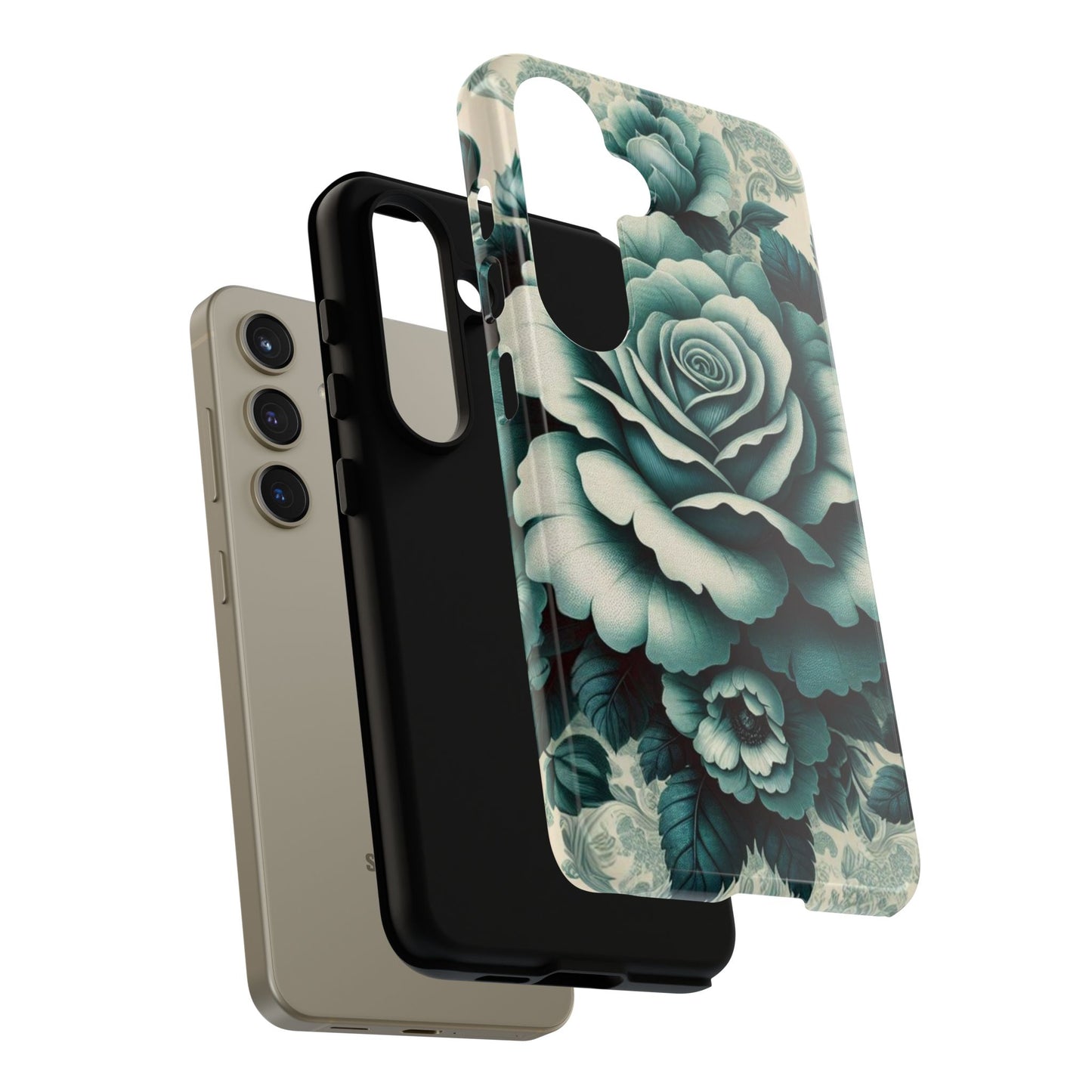 Elegant Floral Motif Phone Case - Tough Cases with Vintage Design - Teal Roses & Damask