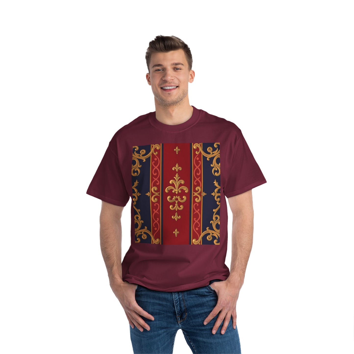 Elegant Patterned Short-Sleeve T-Shirt, Stylish Tee, Vintage Design Top, Casual Wear, Fashionable Gift - Midnight Blue & Dusk Red Gold Baroque