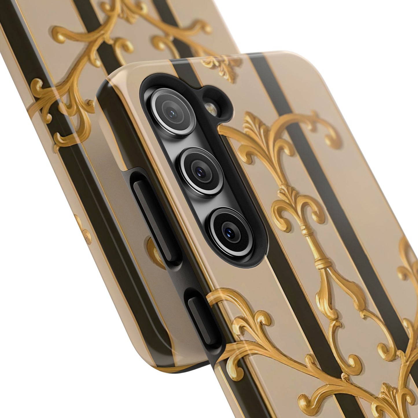 Elegant Vintage Tough Phone Case, Stylish Phone Cover, Boho Accessories, Perfect Gift for Her - Beige Striped Gold Rococo