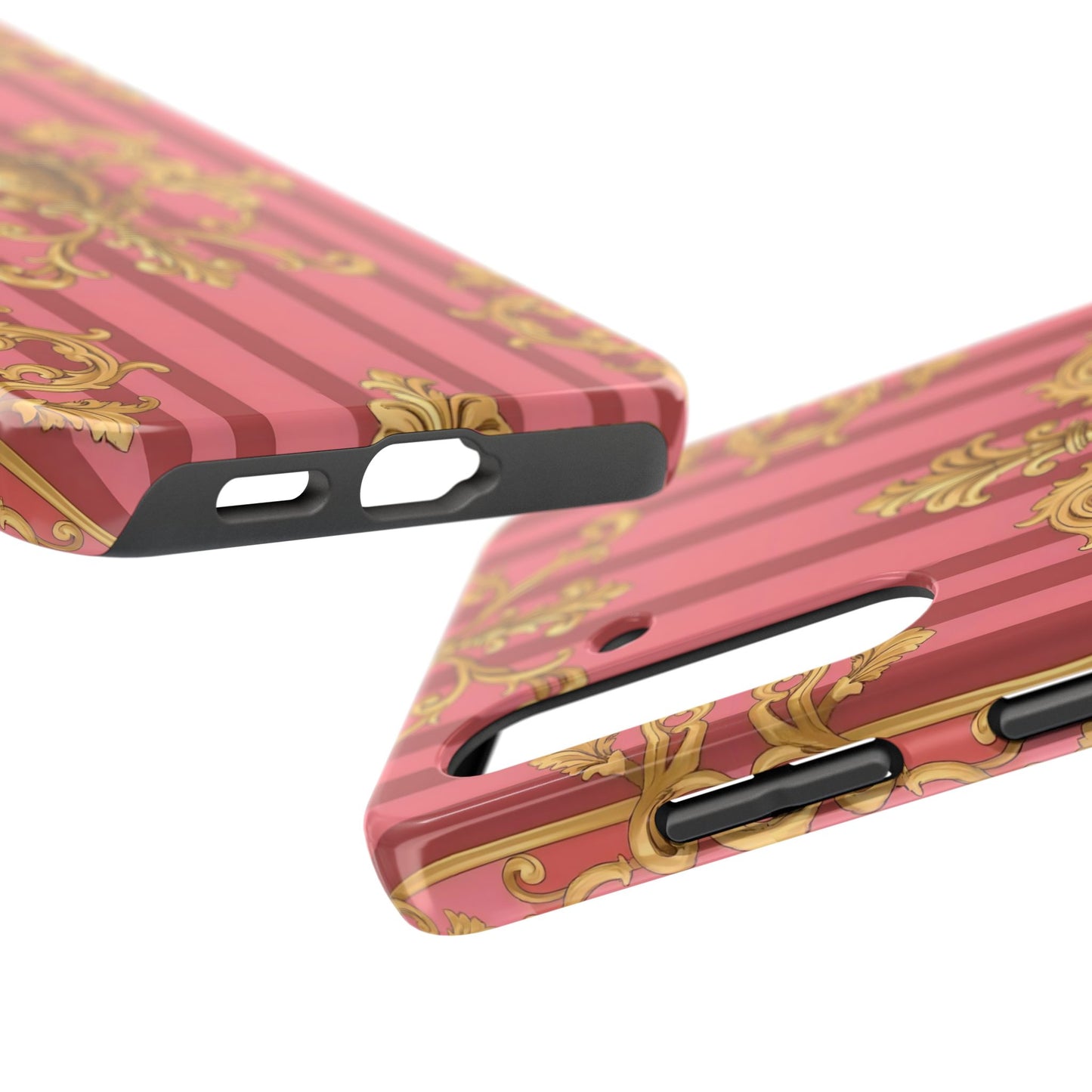 Elegant Baroque Tough Phone Cases, Durable Phone Cover, Stylish Accessory, Gift for Any Occasion - Pink Striped Gold Baroque