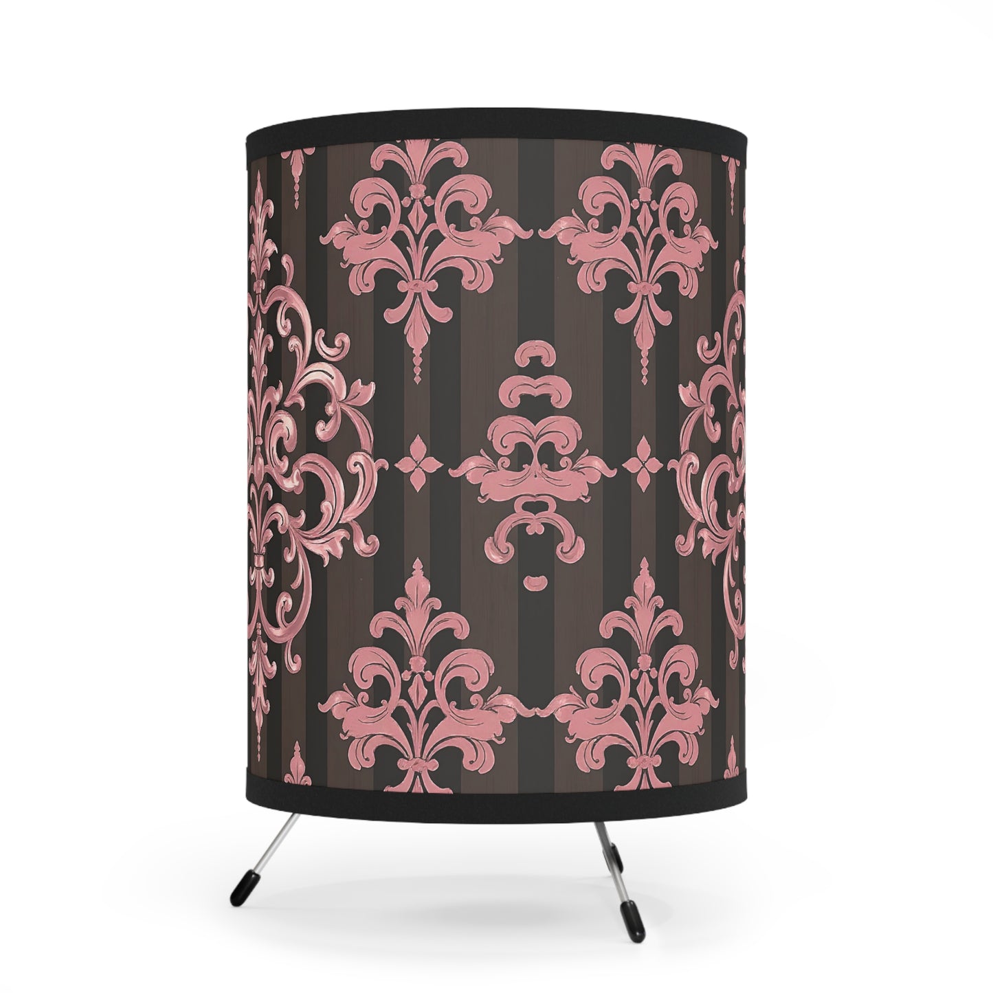 Elegant Tripod Lamp with Vintage Floral Print Shade - High-Res Home Accent - Brown Striped Mauve Damask