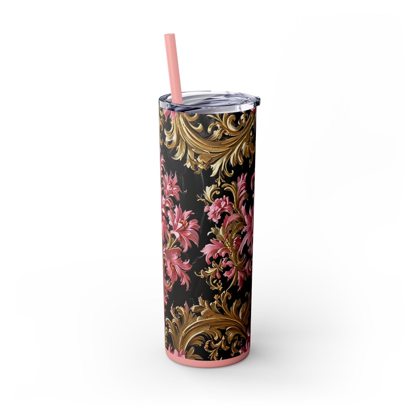 Chic Floral Skinny Tumbler with Straw, 20oz - Elegant Drinkware for Tea Lovers, Travel Mugs, Gifts for Her - Black & Pink Oil Painting Style Rococo