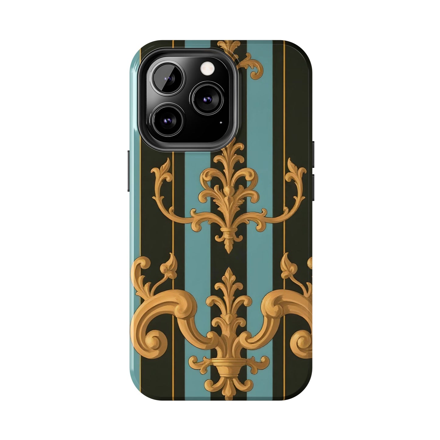 Elegant Baroque Tough Phone Case, Stylish Phone Cover, Durable iPhone Case, Unique Gift - Black & Turquoise Striped Baroque