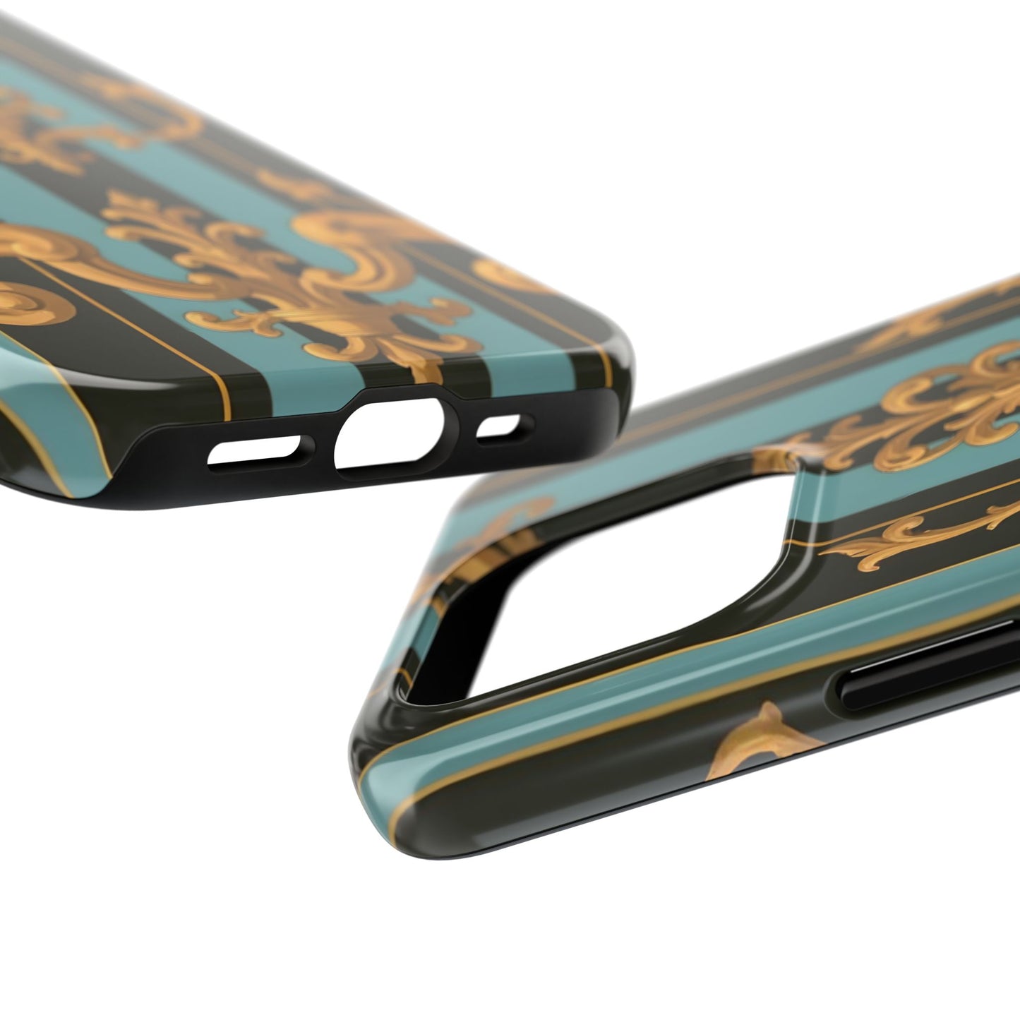 Elegant Baroque Tough Phone Case, Stylish Phone Cover, Durable iPhone Case, Unique Gift - Black & Turquoise Striped Baroque