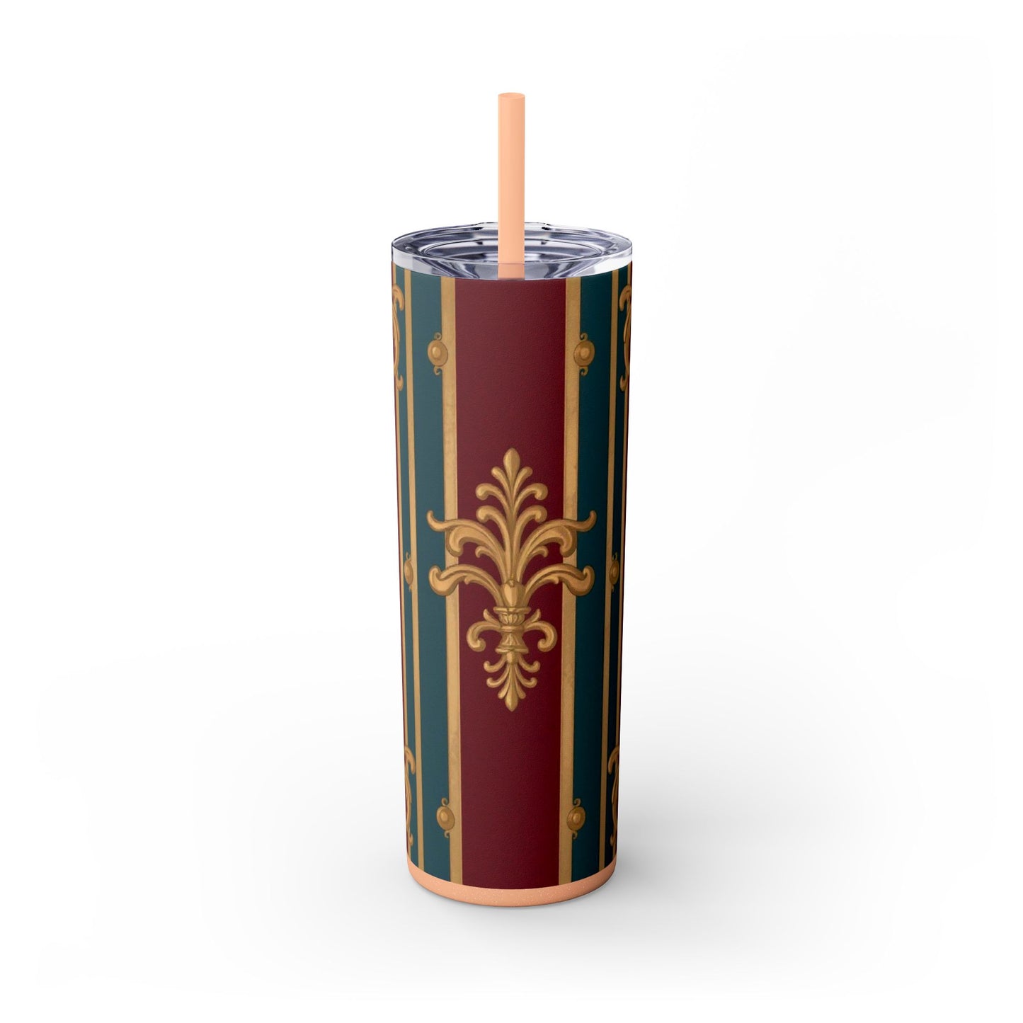 Elegant Vintage Skinny Tumbler with Straw, 20oz | Gold & Burgundy Design | Travel Mug, Gift for Her - Burgundy Striped Gold Baroque
