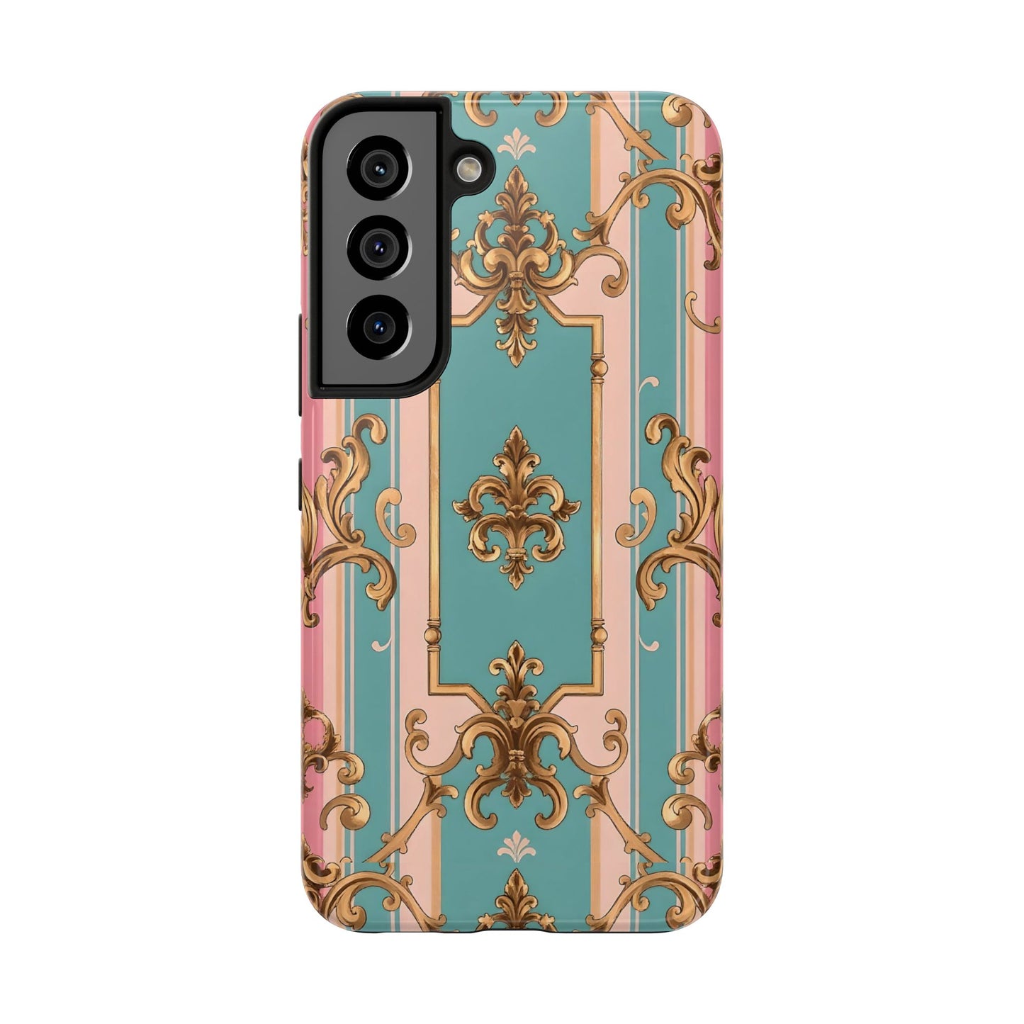 Elegant Floral Tough Phone Case, Artistic Phone Cover, Gift for Her, Chic Phone Accessory - Pink & Matte Turquoise Striped Rococo