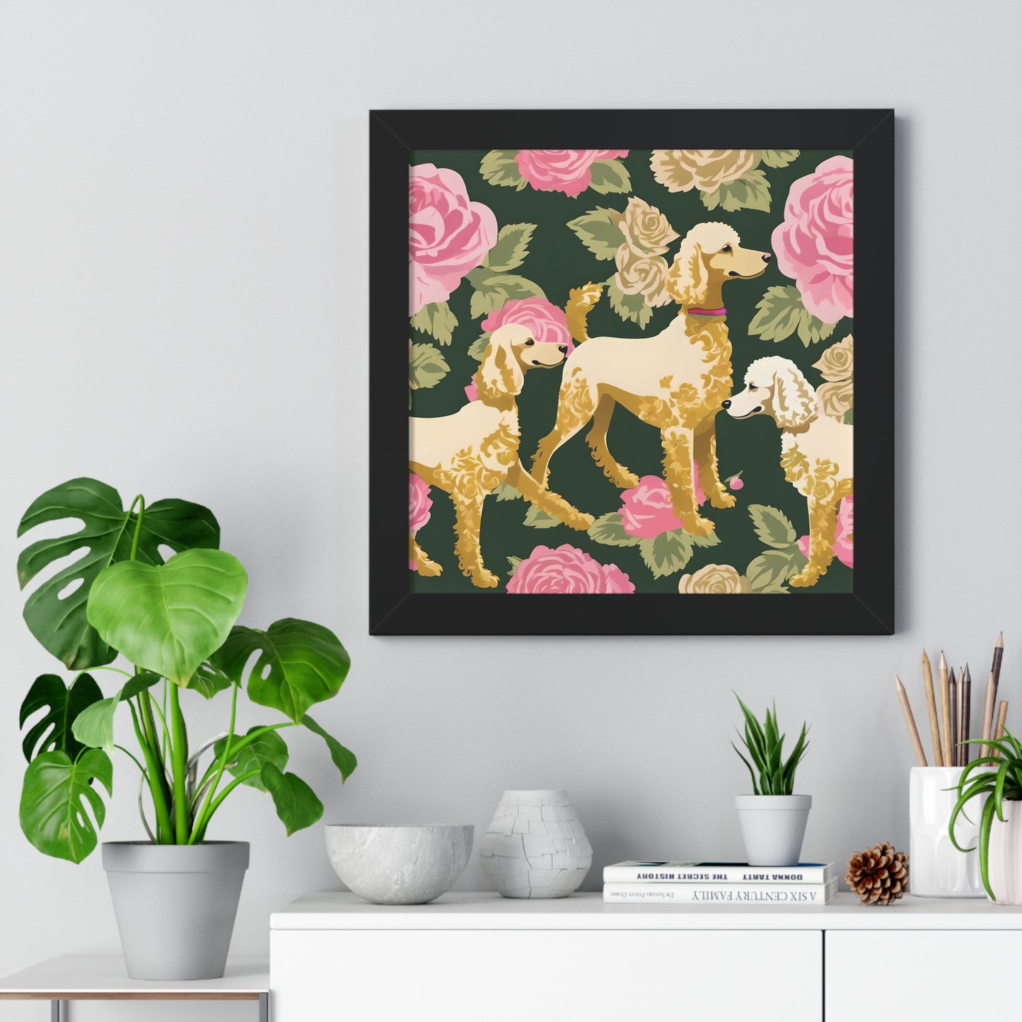 Vertical Poster - Stylish Framed - Art for Home Decor - Poodles In Dark Green & Pink Roses