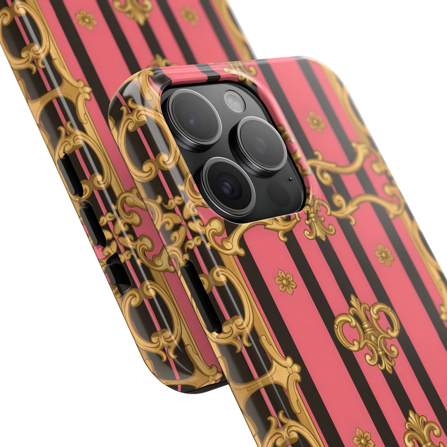 Elegant Baroque Tough Phone Cases, Stylish Protection, Gift for Her, Trendy Accessory - Pink & Black Striped Gold Baroque