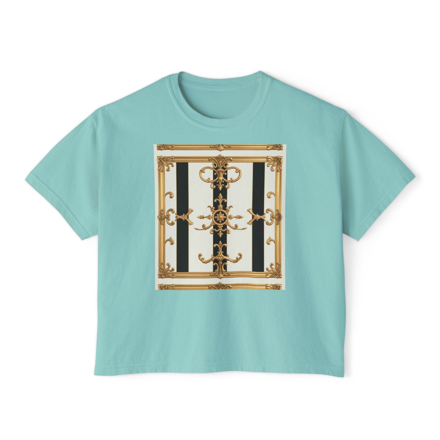 Chic Women's Boxy Tee, Stylish Graphic Shirt, Trendy Casual Top, Fashionable Everyday Wear - Black & White Striped Gold Baroque