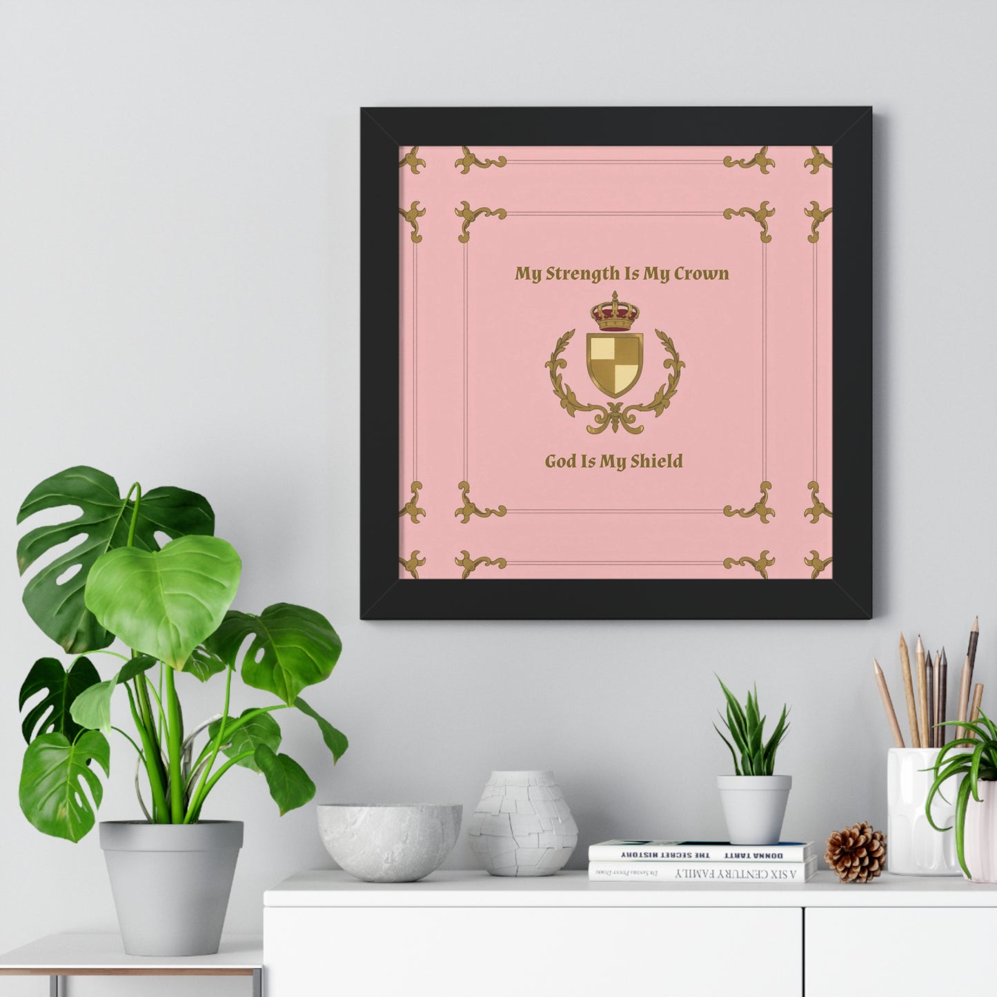 Crest & Crown Spiritual Quote Empowering Framed Poster, Inspirational Wall Art, Crown Design, Home Decor, Motivational Gift, Bible Verse Decoration