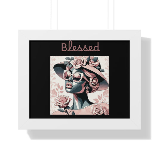 Framed Art Print: Blessed Floral Wall Decor, Inspirational Home Gift, Boho Art for Living Room, Stylish Gift for Friends, Modern Wall Art