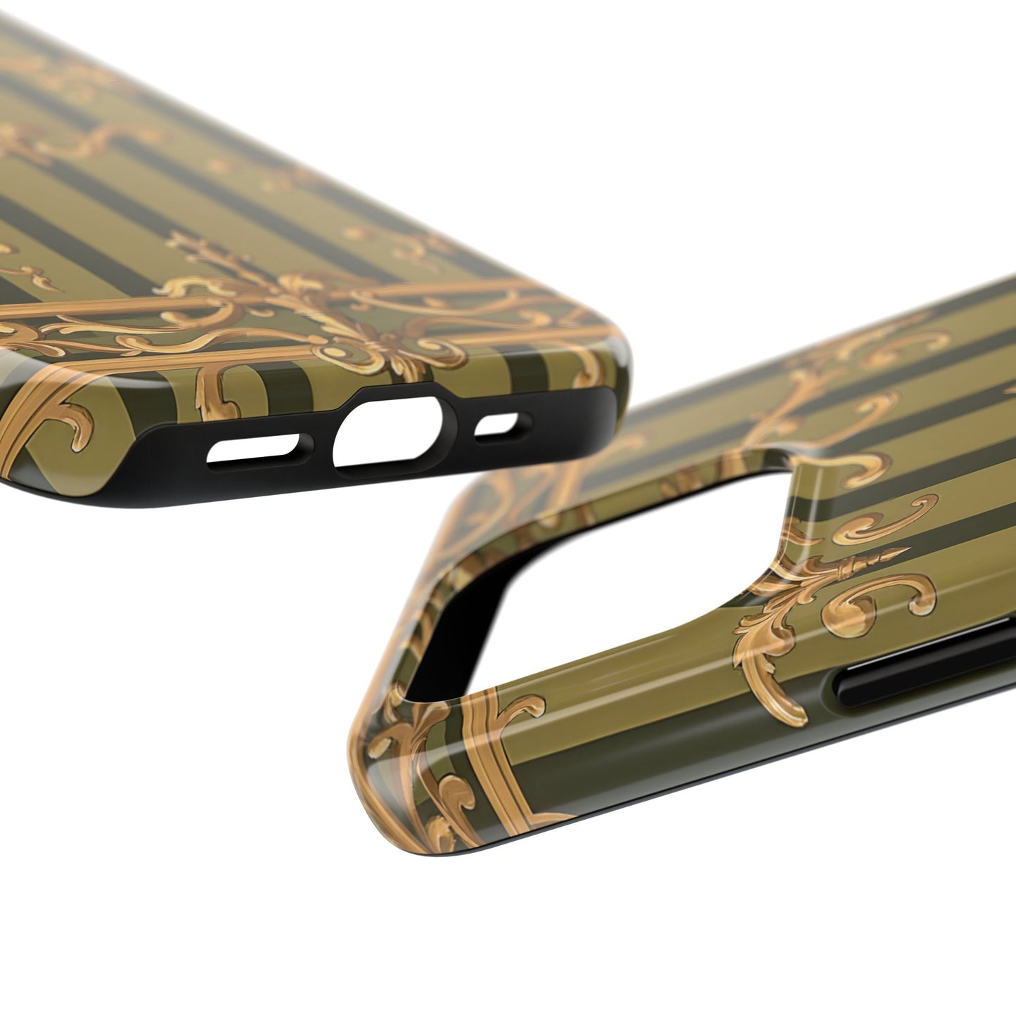 Elegant Vintage Phone Case - Tough Protection with Classy Design, Stylish Phone Cover for Fashion Lovers - Olive Green Striped Rococo