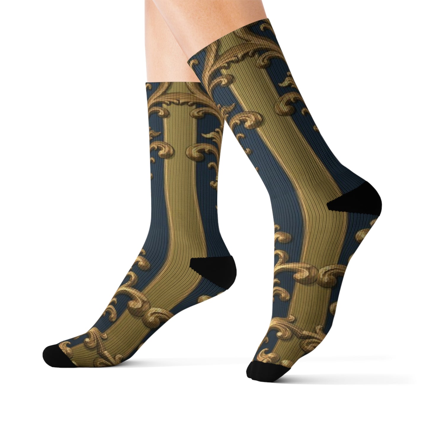 Elegant Midnight Blue & Olive Striped Gold Baroque Sublimation Socks, Stylish Patterned Socks, Trendy Gift Socks, Fashion Accessories