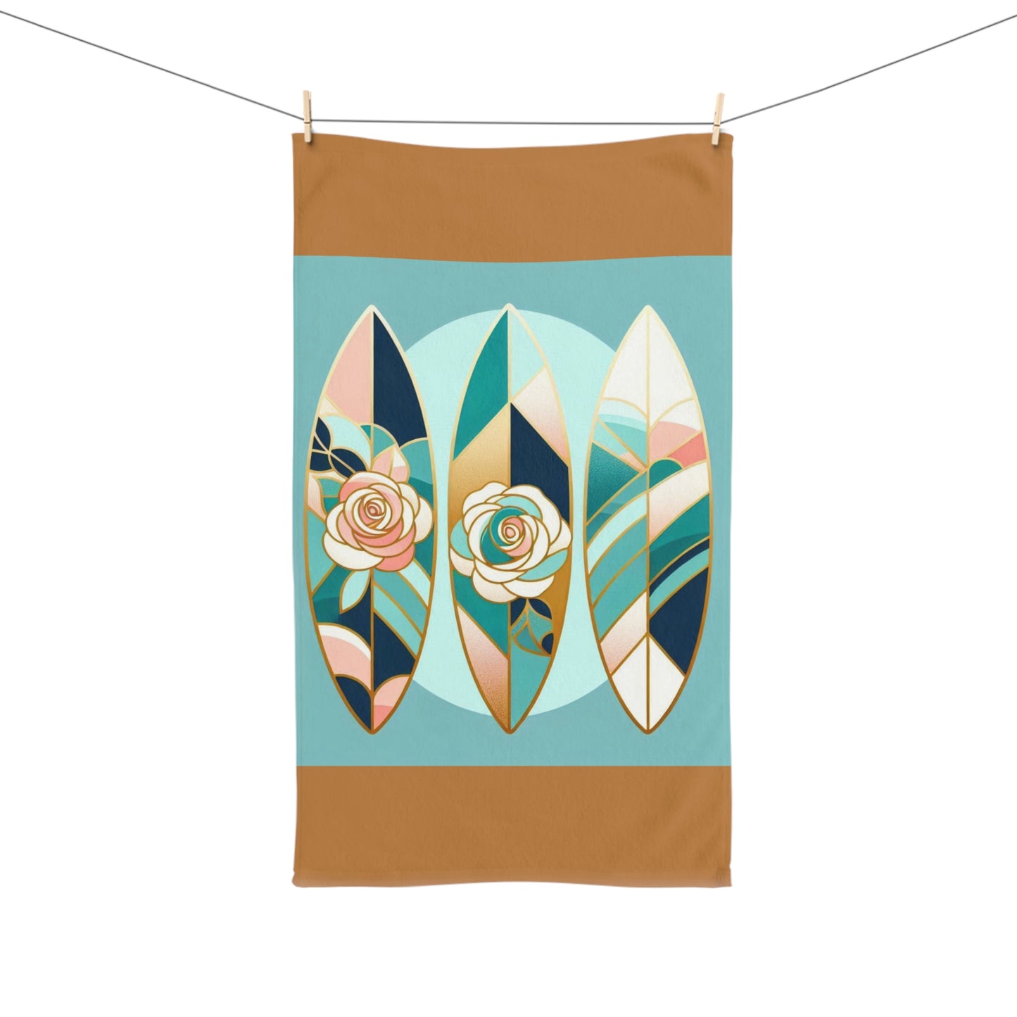 Elegant Floral Hand Towel - Roses & Surfboard Design for Home Decor & Gifts - Blue, Pink & Aqua Surfboard & Roses