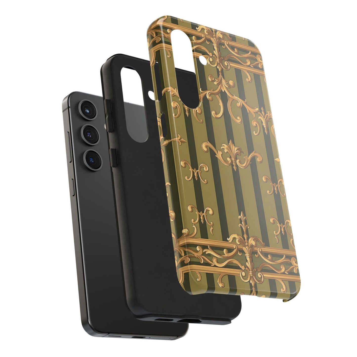 Elegant Vintage Phone Case - Tough Protection with Classy Design, Stylish Phone Cover for Fashion Lovers - Olive Green Striped Rococo