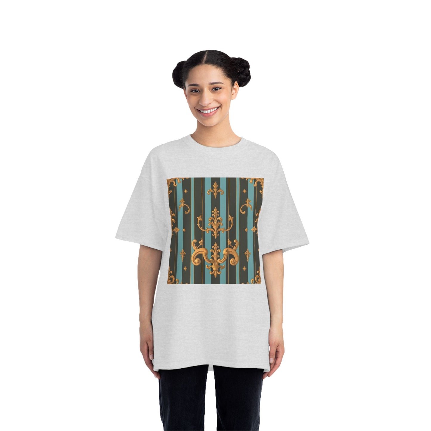 Elegant Vintage Pattern T-Shirt, Stylish Tee for Everyday Wear, Retro Design Shirt, Perfect Gift for Art Lovers - Black & Turquoise Striped Baroque