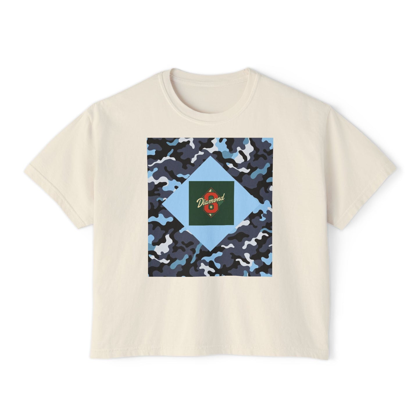 Camouflage Women's Boxy Tee, Casual Outfit, Relaxed Style Tee, Everyday Wear, Gift for Her, Comfortable Top - Blue Camo Diamond 8