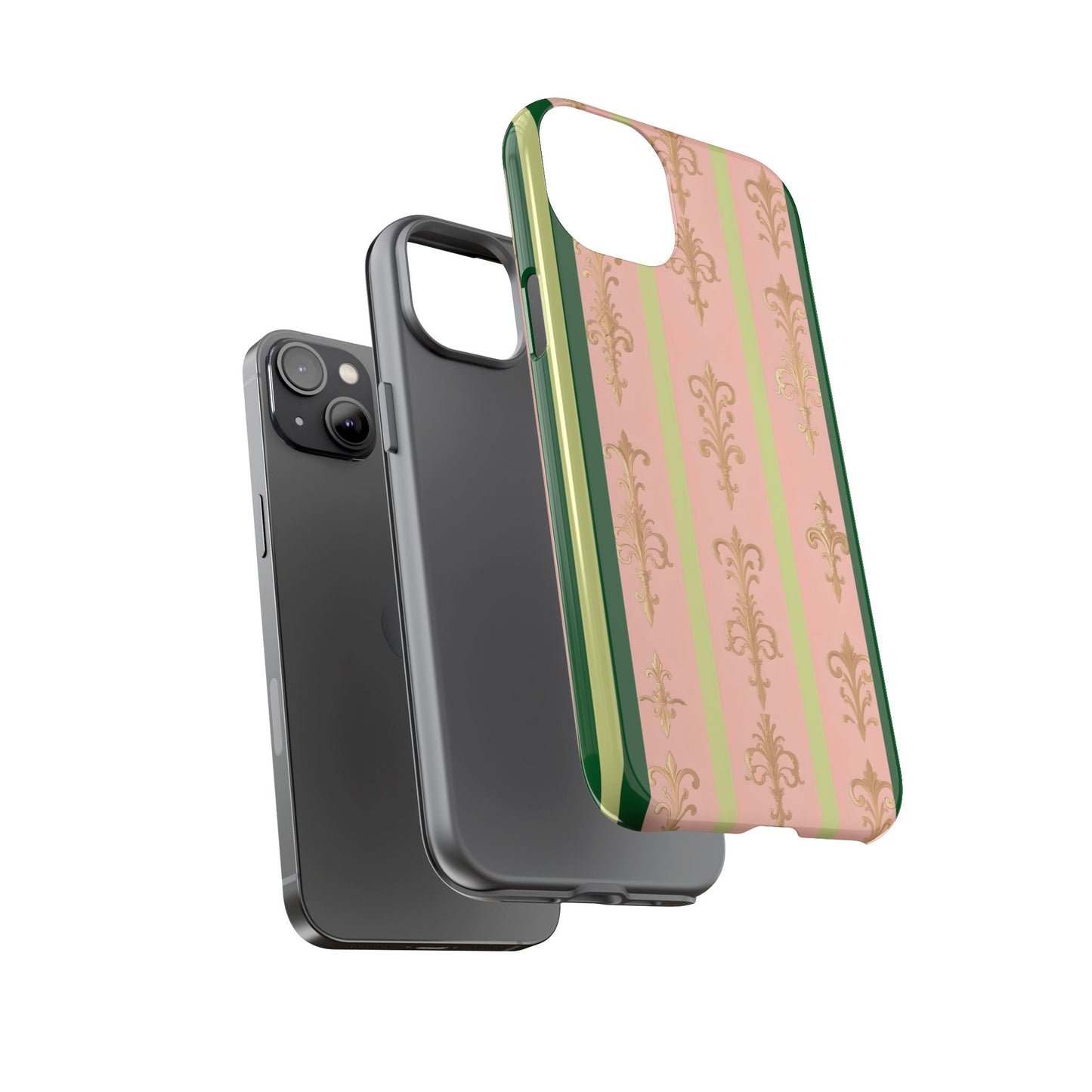 Elegant Floral Motif Phone Case - Tough Cases with Vintage Design - Lime Green & Pink Striped Damask
