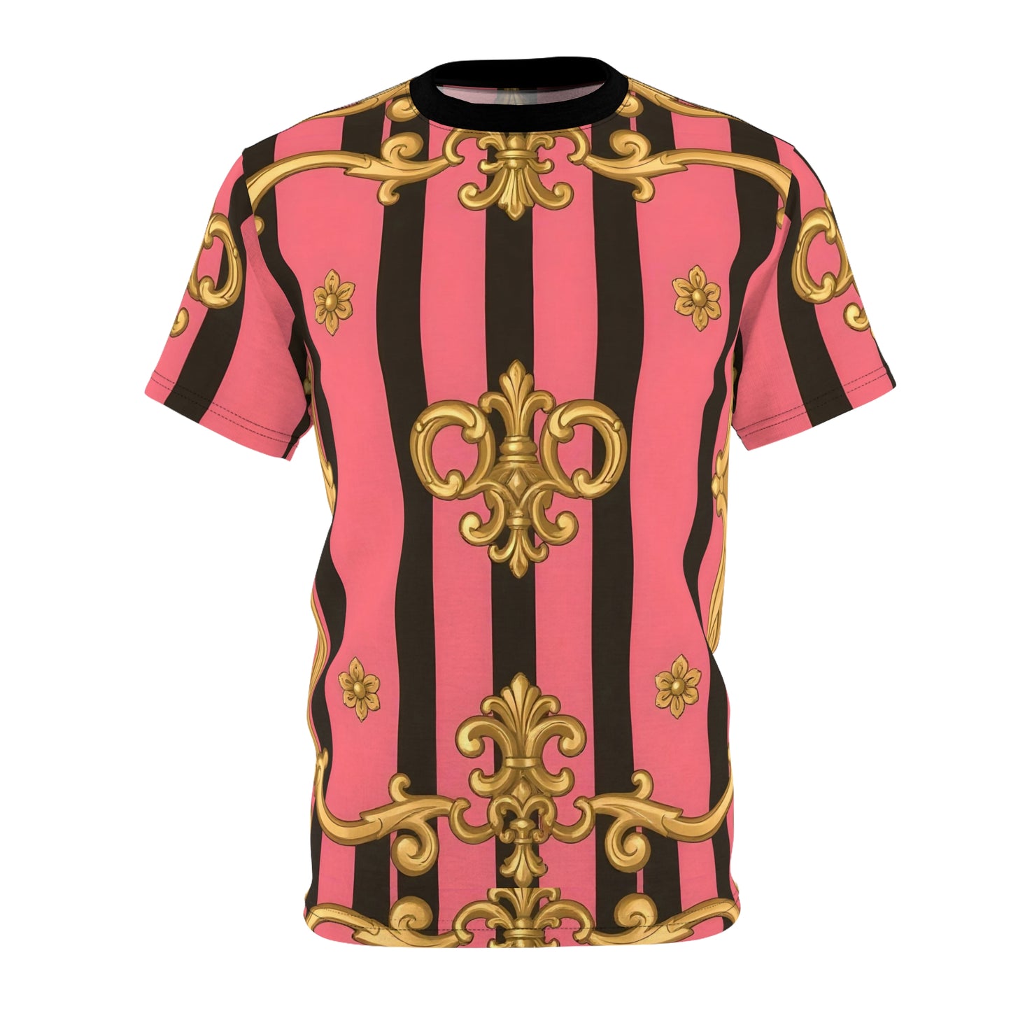Stylish Unisex Cut & Sew Tee with Bold Pink and Gold Pattern, Trendy Top for Casual Days - Pink & Black Striped Gold Baroque