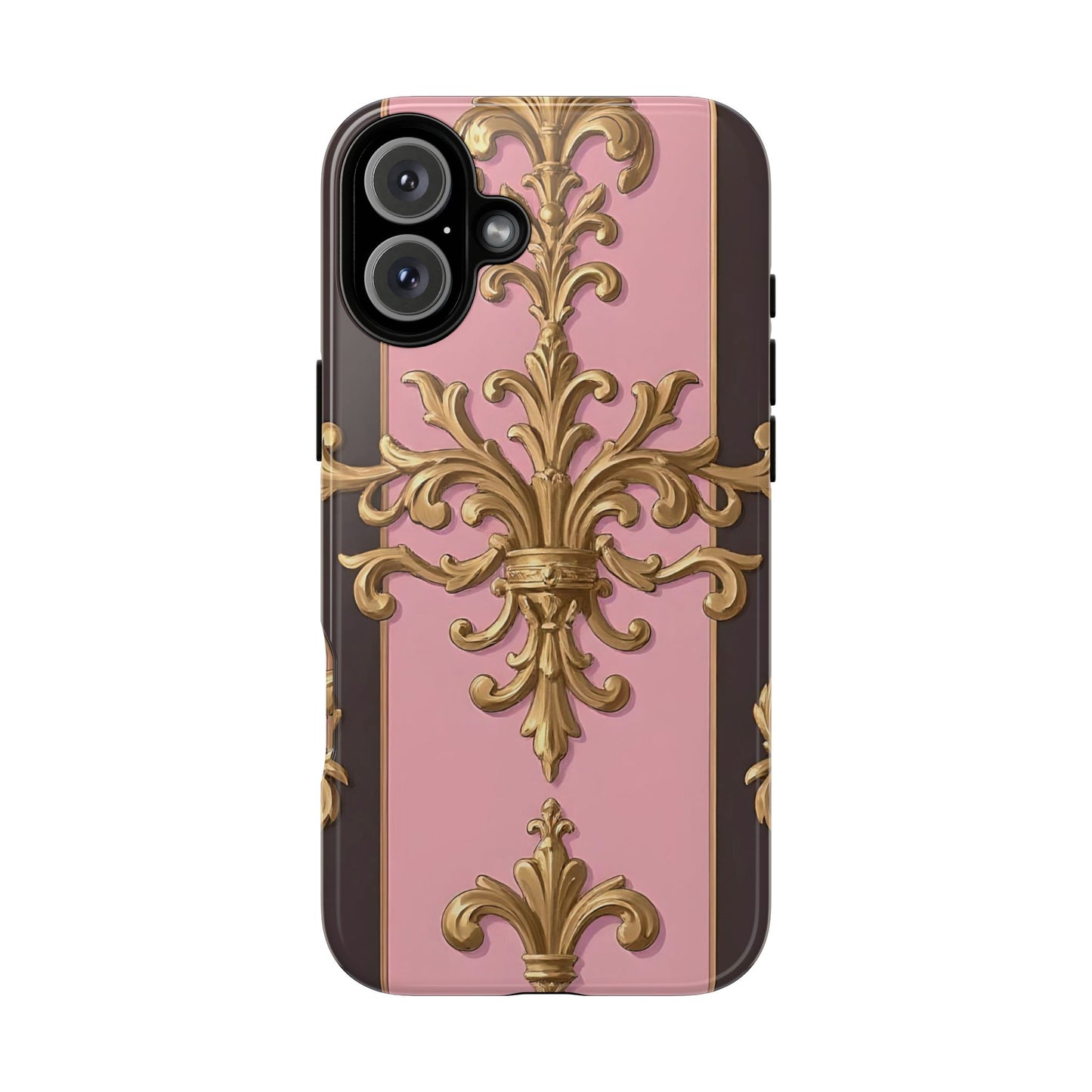 Elegant Floral Motif Phone Case - Tough Cases with Vintage Design - Pink & Brown Striped Gold Damask