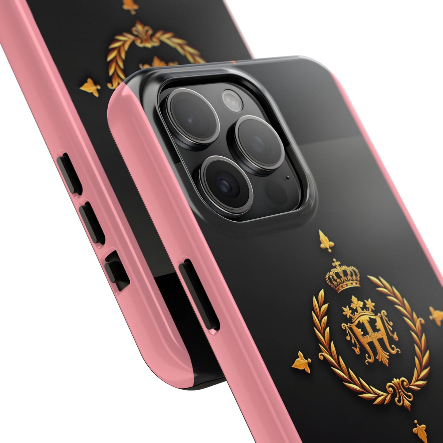 Tough Phone Case with Regal Design - Elegant Phone Protection, Gift for Him/Her, Royalty Inspired - Pink Striped Gold Crest